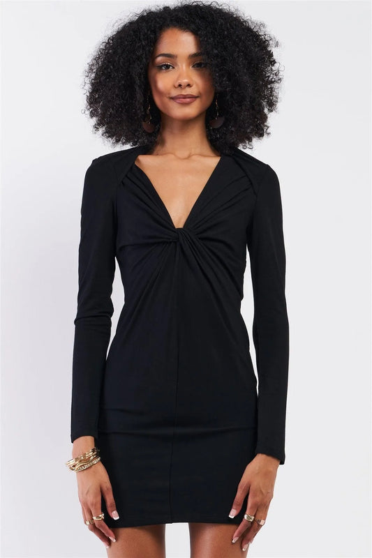 Black Wrap Twist Detail Bust Cut Out Detail Long Sleeve Fitted Mini Dress /1-1-2 - Tasha Apparel Wholesale