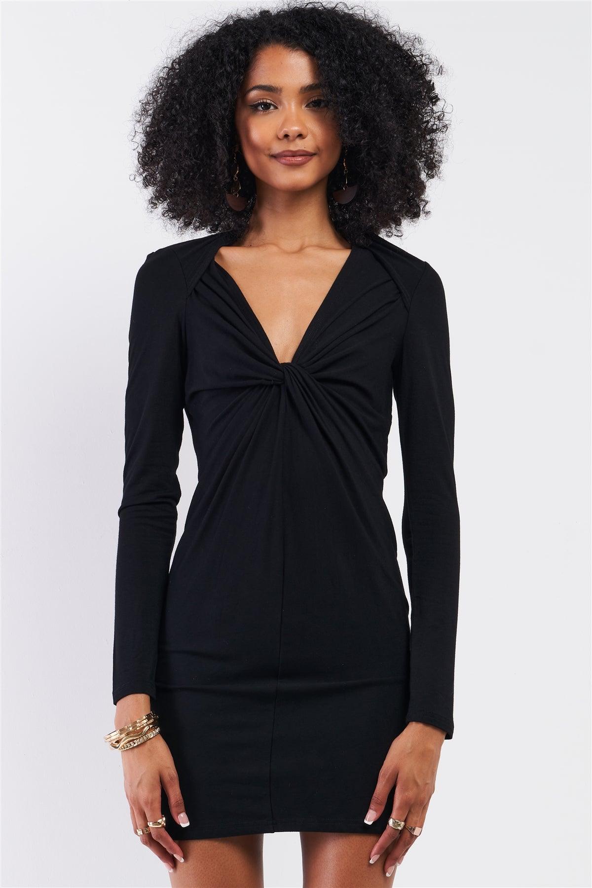 Black Wrap Twist Detail Bust Cut Out Detail Long Sleeve Fitted Mini Dress /1-2-2-1