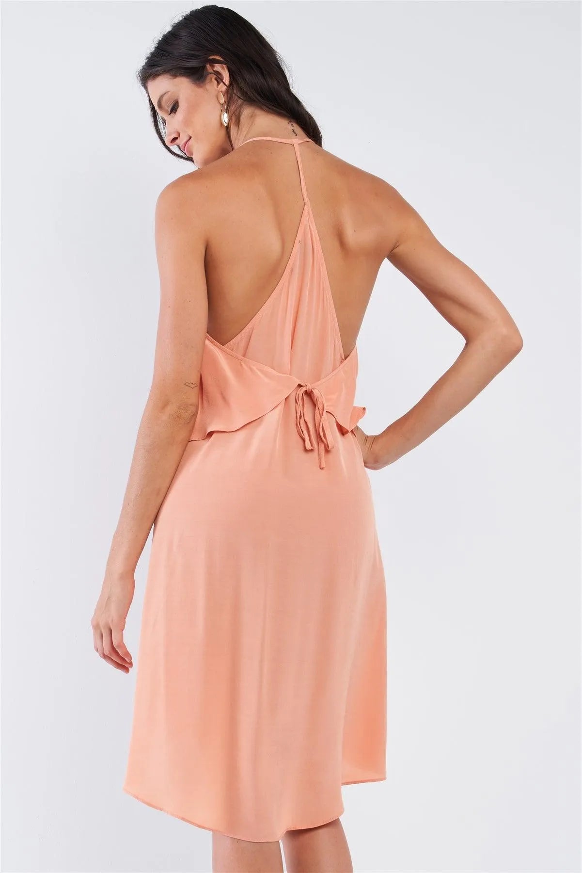 Peach Asymmetrical Sleeveless Deep Plunge V-Neck Layered Flowy Self-Tie Back T-Shaped Halter Neck Tie Mini Dress /1-3-2 - Tasha Apparel Wholesale