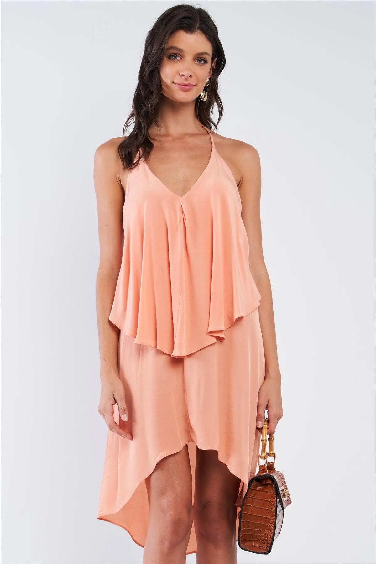 Peach Asymmetrical Sleeveless Deep Plunge V-Neck Layered Flowy Self-Tie Back T-Shaped Halter Neck Tie Mini Dress /1-3-2 - Tasha Apparel Wholesale