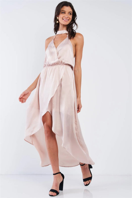 Powder Kiss Beige Satin Elegant Asymmetrical V-Neck Sleeveless Halter Tie Open Back Wrap Midi Dress /1-2-2-1 - Tasha Apparel Wholesale