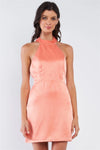 Coral Orange Satin Sleeveless Adjustable Razor Back Strap Halter Tie Tight Fit Cocktail Mini Dress /1-1-2-1 - Tasha Apparel Wholesale
