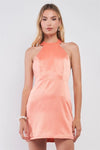 Coral Orange Satin Sleeveless Adjustable Razor Back Strap Halter Tie Tight Fit Cocktail Mini Dress /1-2-2-1 - Tasha Apparel Wholesale