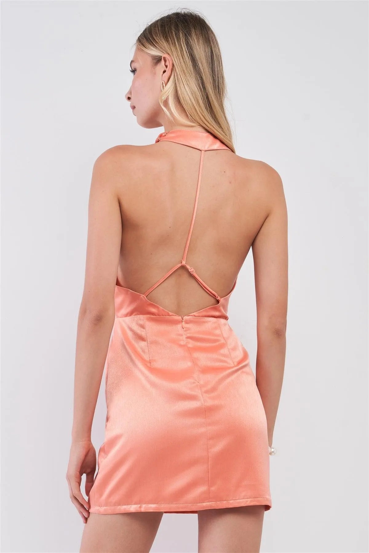 Coral Orange Satin Sleeveless Adjustable Razor Back Strap Halter Tie Tight Fit Cocktail Mini Dress /1-2-2-1 - Tasha Apparel Wholesale