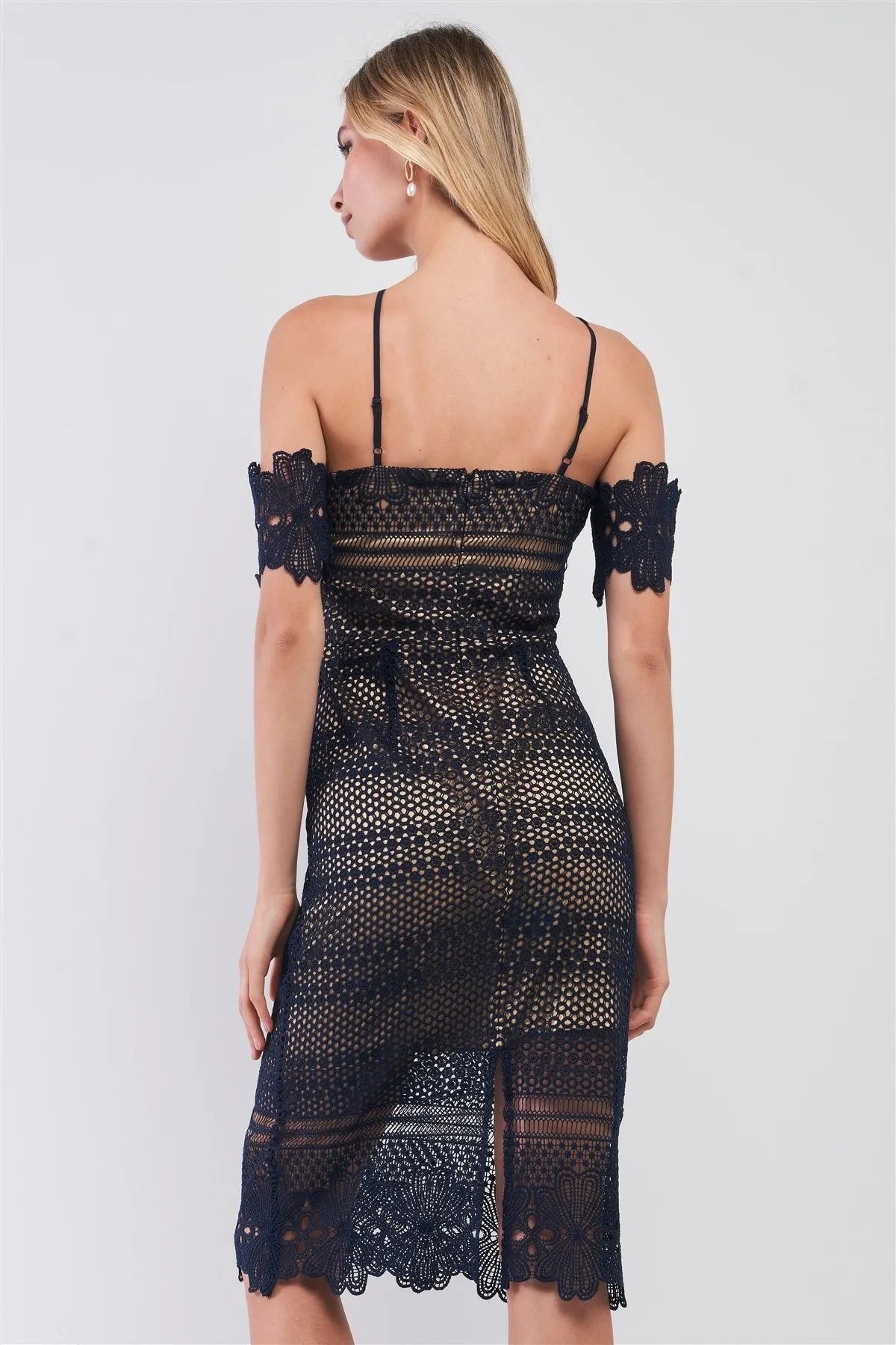 Navy & Gold Crochet Off-The-Shoulder Halter-Tie Neck Structured Above-Knee Dress /1-2-2-1 - Tasha Apparel Wholesale