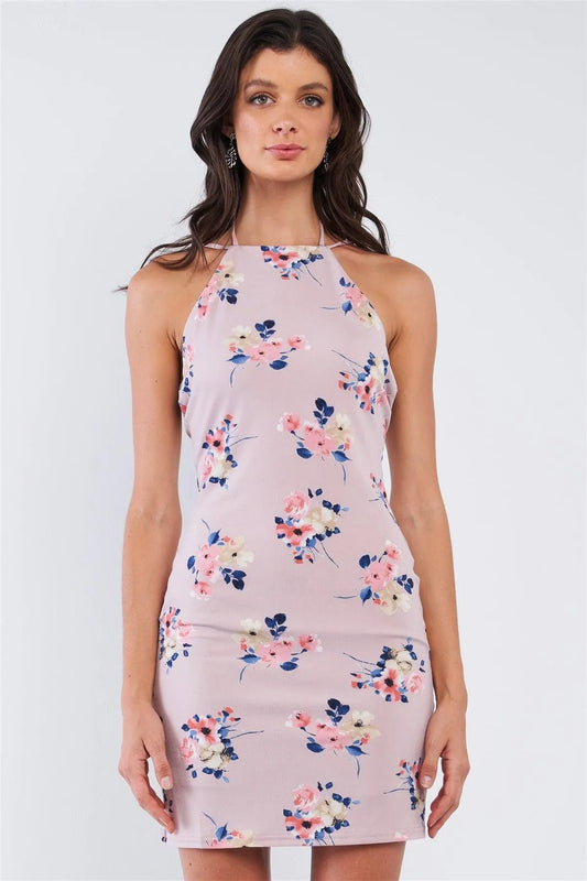 Lavender Multicolor Floral Sleeveless Square Halter Neck Open Back Mini Dress /1-2-2-1 - Tasha Apparel Wholesale