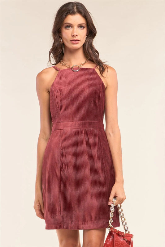 Cranberry Red Corduroy Sleeveless Square Neck Tight Fit Mini Dress /1-1-1-2-1 - Tasha Apparel Wholesale