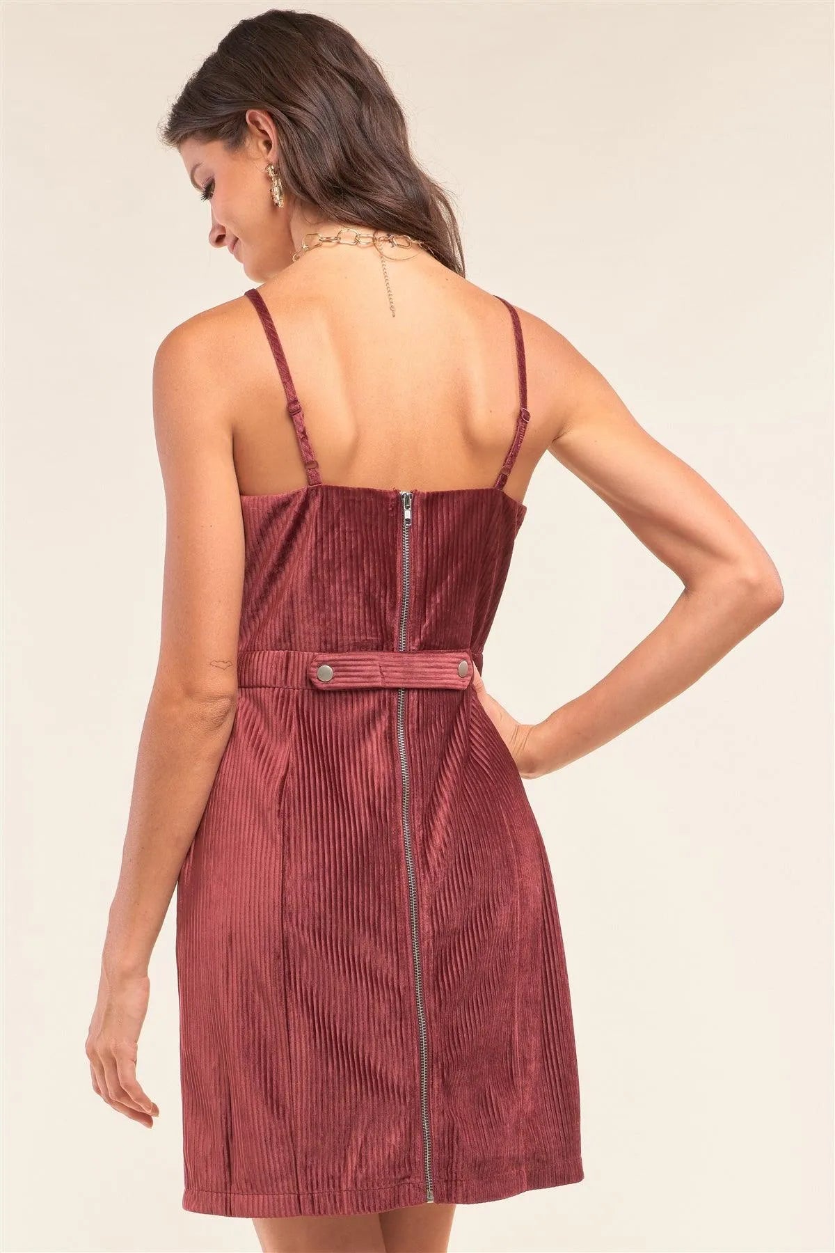 Plum Red Corduroy Square Neck Tight Fit Mini Dress - Tasha Apparel Wholesale