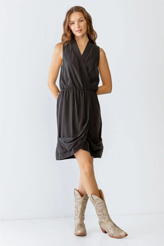Washed Black Wrap Sleeveless V-Neck Mini Dress /1-2-2-1 - Tasha Apparel Wholesale
