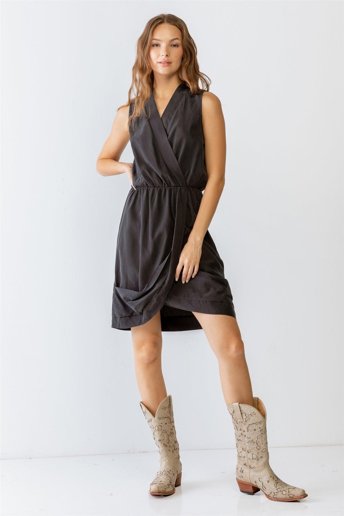 Washed Black Wrap Sleeveless V-Neck Mini Dress /1-2-2-1
