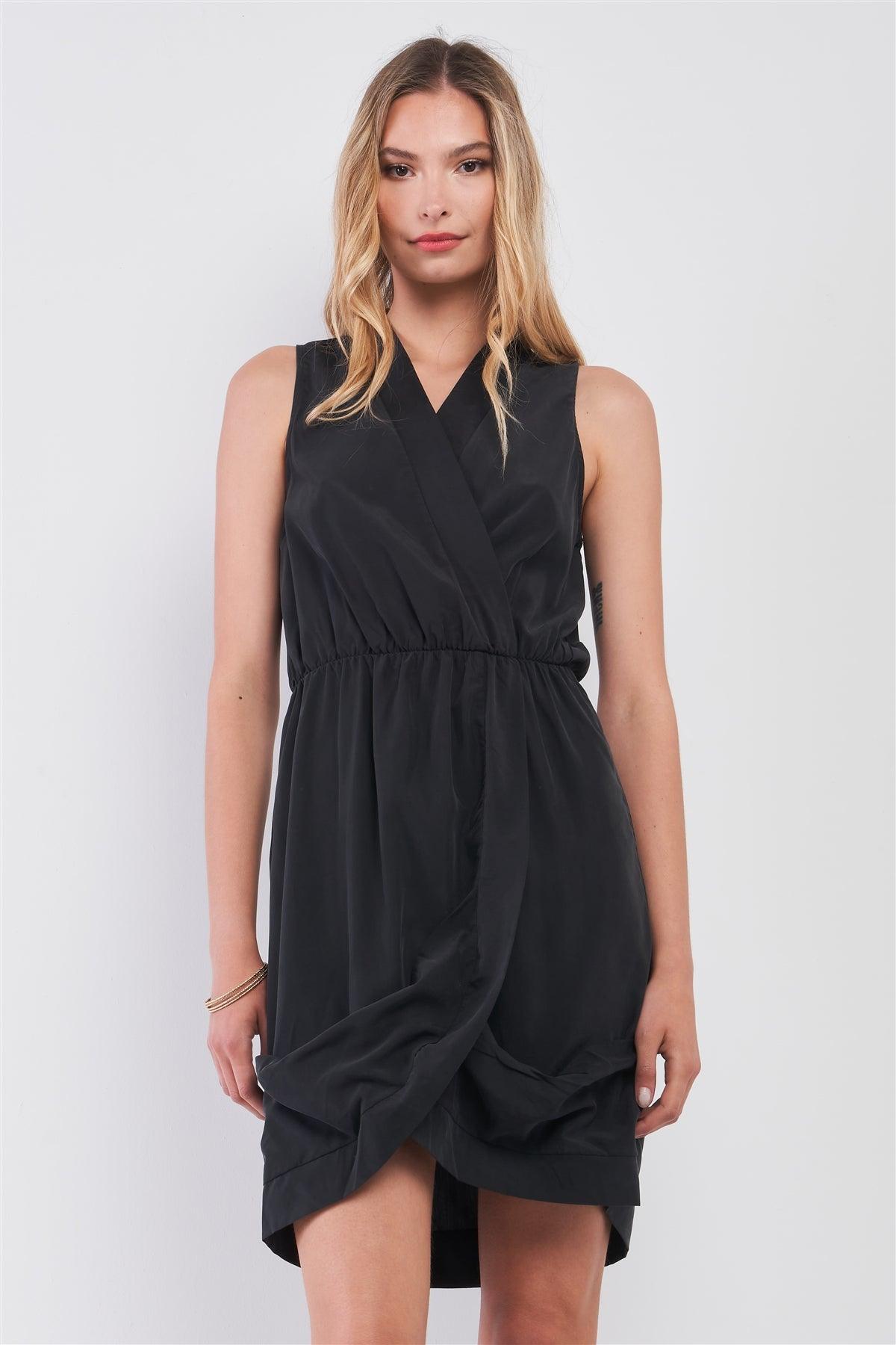 Washed Black Wrap Sleeveless V-Neck Mini Dress /1-3-1