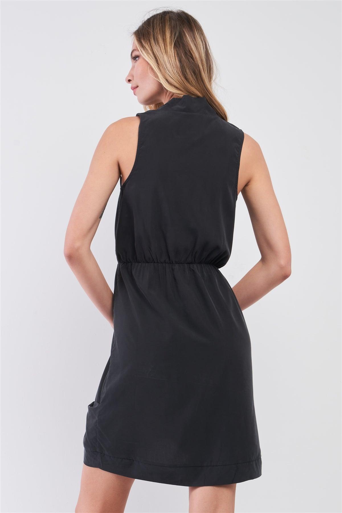 Washed Black Wrap Sleeveless V-Neck Mini Dress /1-3-1