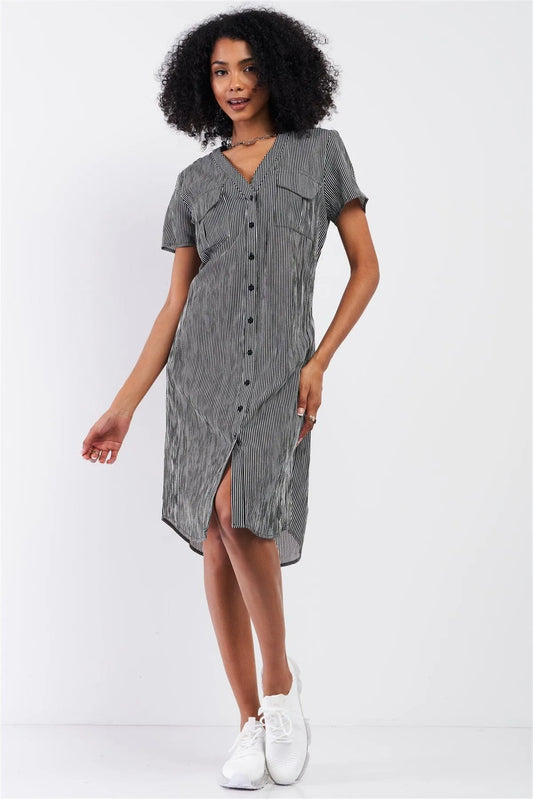 Black&White Striped Short Sleeve V-Neck Button Down Chest Pockets Lace-Up Back Detail Straight Midi Dress /1-2-1 - Tasha Apparel Wholesale