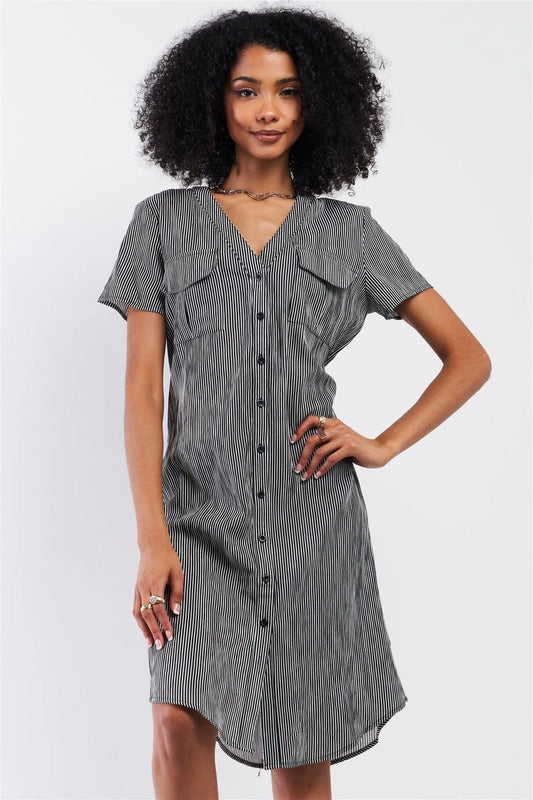 Black&White Striped Short Sleeve V-Neck Button Down Chest Pockets Lace-Up Back Detail Straight Midi Dress /1-2-2-1 - Tasha Apparel Wholesale