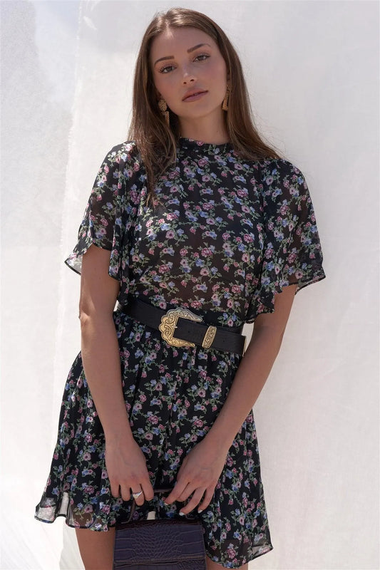 Black with Multi-Colored Floral Print Crew Neck Flutter Sleeve Self Tie Backside Dress /1-2-2-1 - Tasha Apparel Wholesale