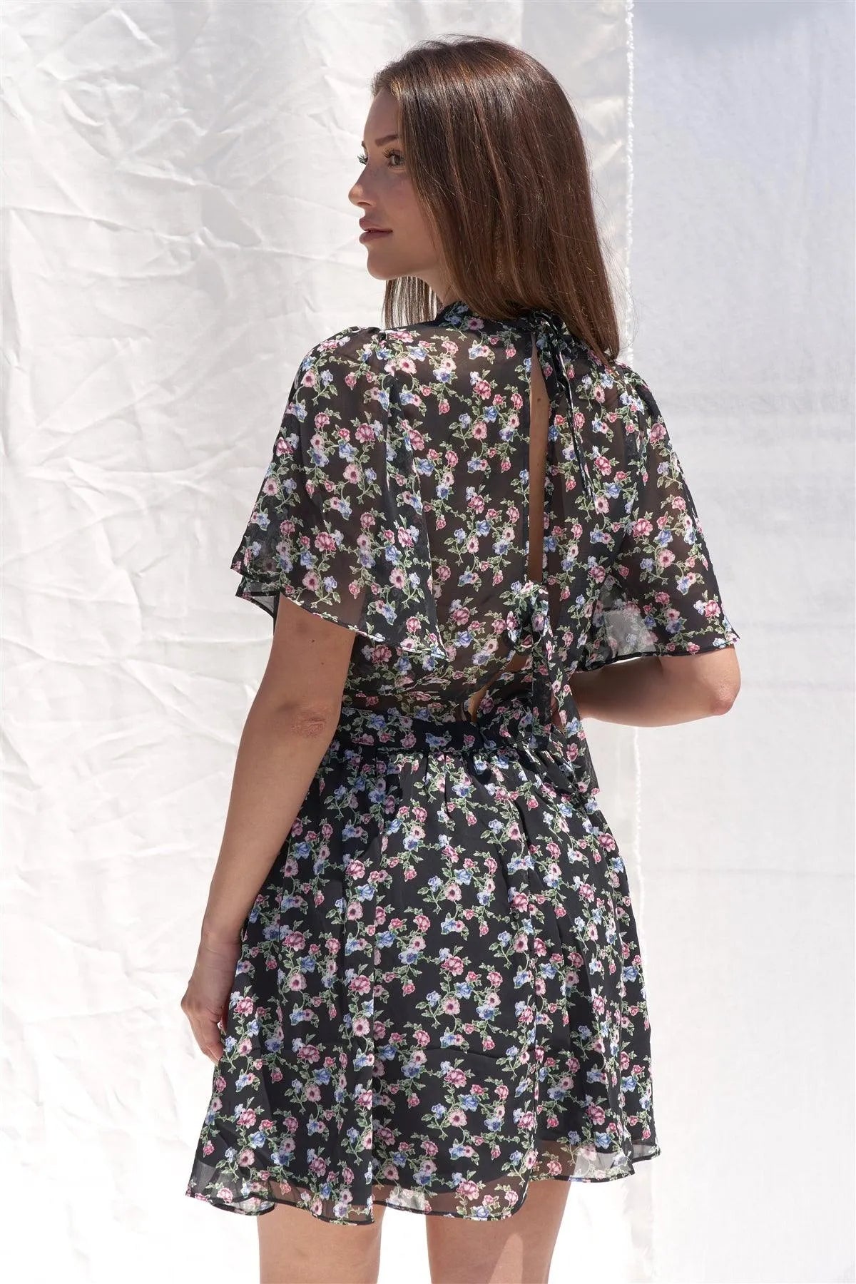 Black with Multi-Colored Floral Print Crew Neck Flutter Sleeve Self Tie Backside Dress /1-2-2-1 - Tasha Apparel Wholesale