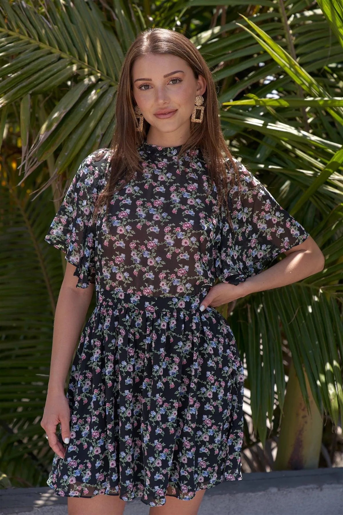 Black with Multi-Colored Floral Print Crew Neck Flutter Sleeve Self Tie Backside Dress /1-2-2-1 - Tasha Apparel Wholesale