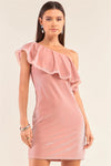 Velvet Sleeveless Off-One-Shoulder Mesh Detail Flare Hem Slim Fit Mini Dress /1-2-2-1 - Tasha Apparel Wholesale
