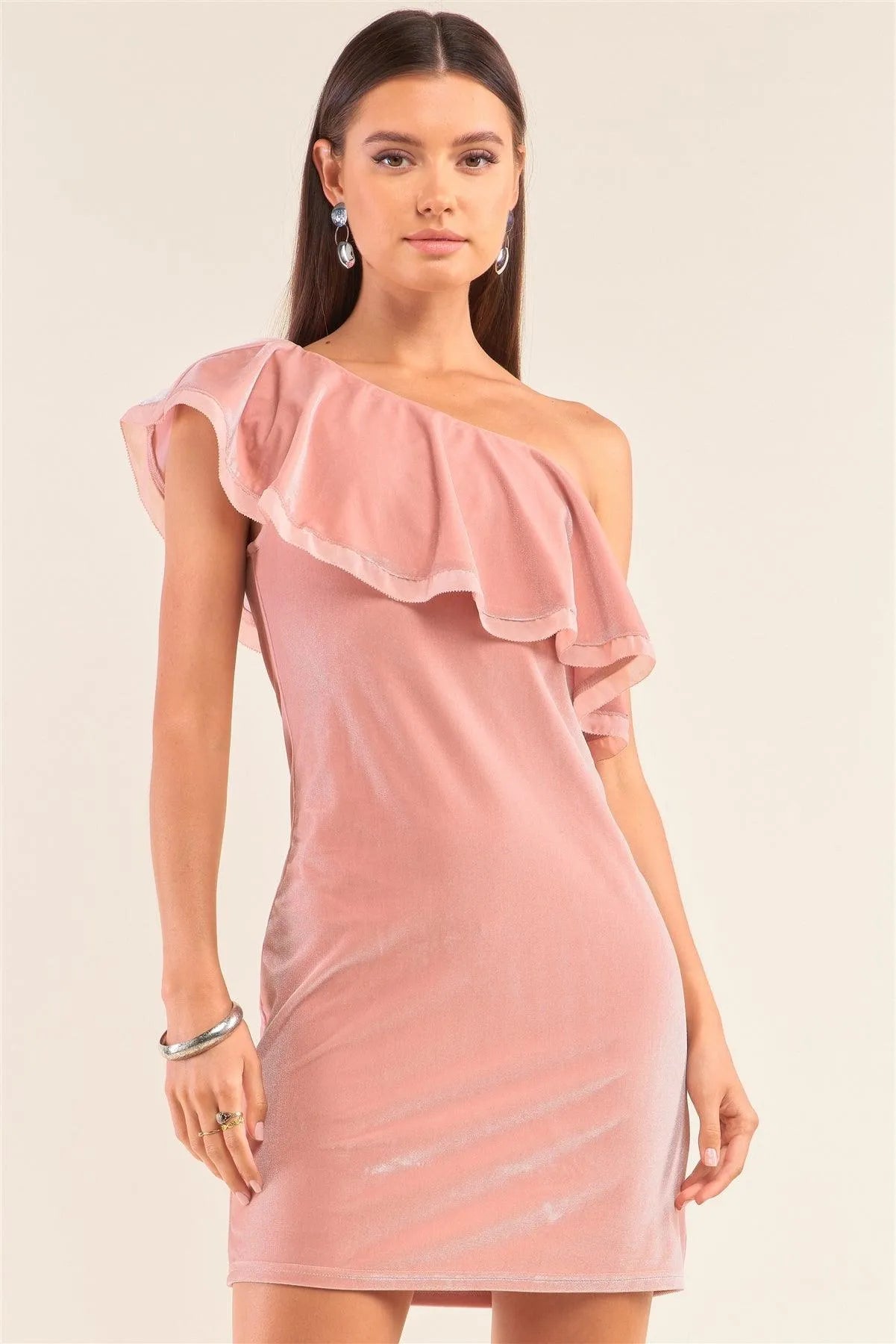 Velvet Sleeveless Off-One-Shoulder Mesh Detail Flare Hem Slim Fit Mini Dress /1-2-2-1 - Tasha Apparel Wholesale