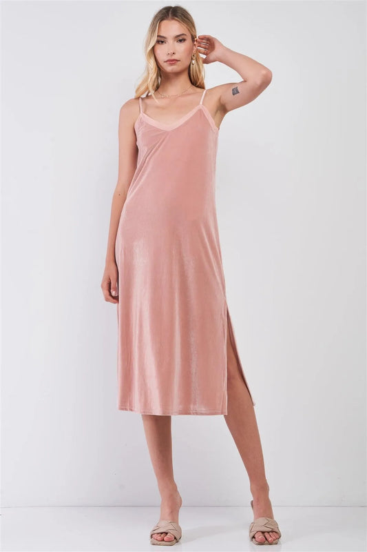Blush Velvet V-Neck Slit Side Midi Dress /2-2-2 - Tasha Apparel Wholesale