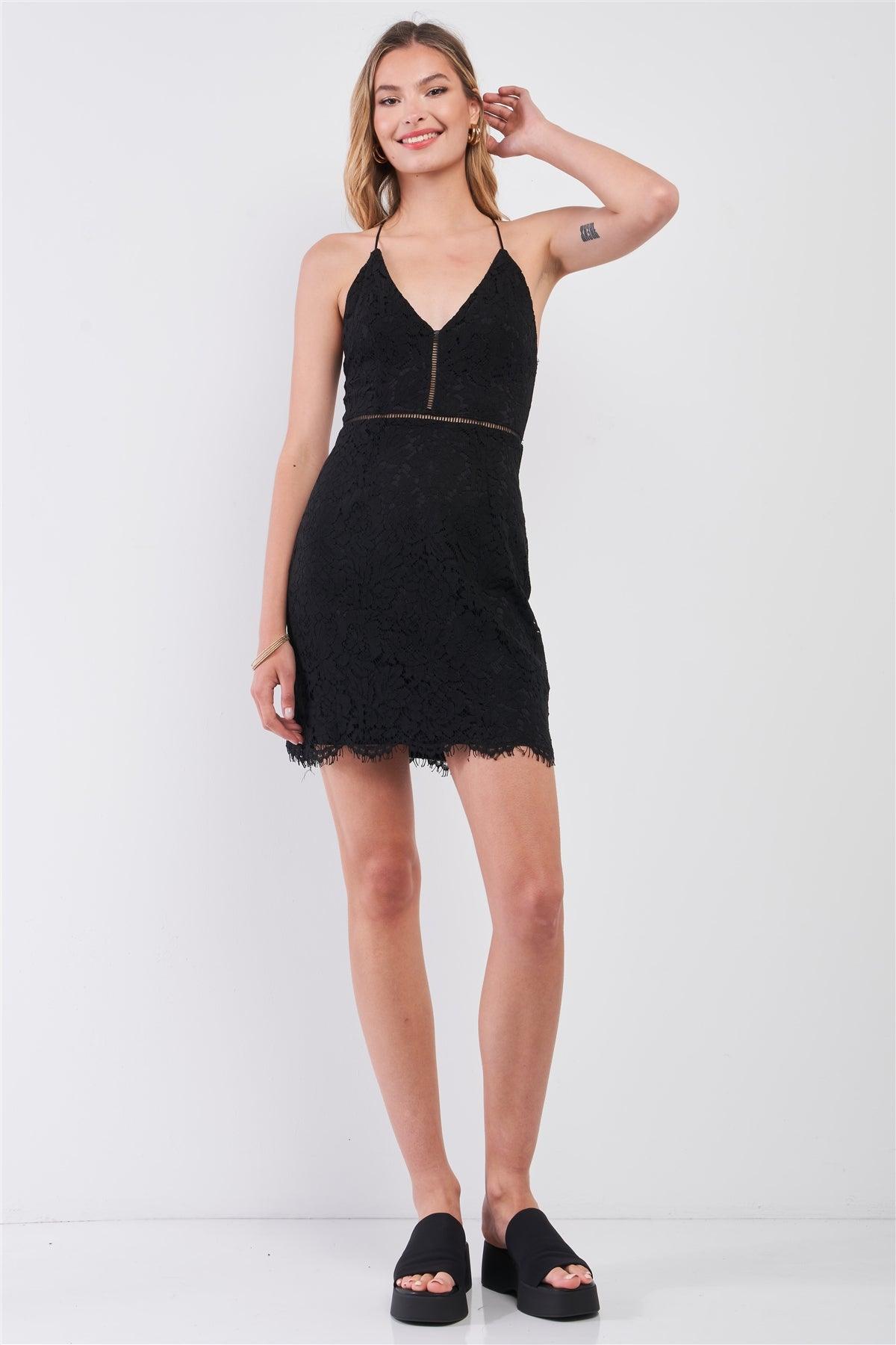 Black Floral Lace V-Neck Sleeveless Strappy Back Fitted Mini Dress /1-2-2-1