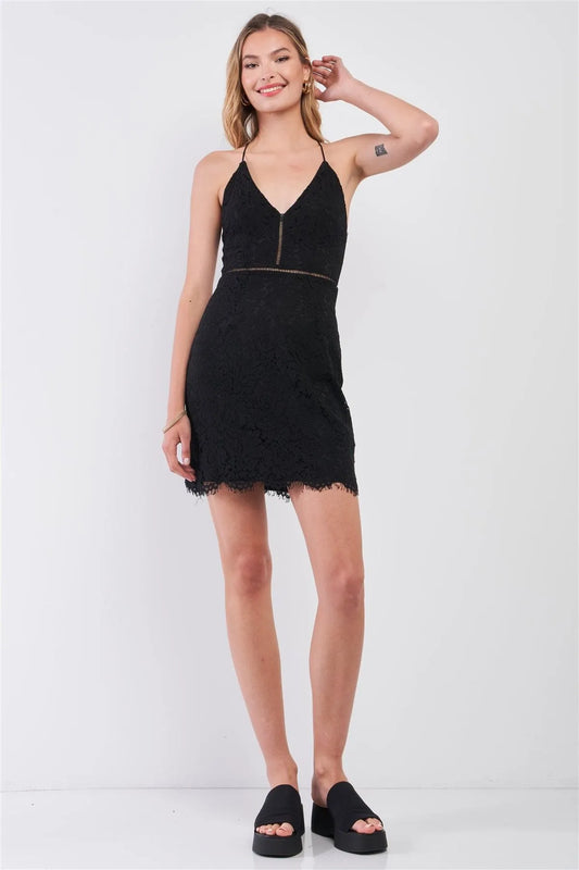 Black Floral Lace V-Neck Sleeveless Strappy Back Fitted Mini Dress /1-2-2-1 - Tasha Apparel Wholesale