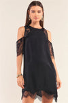 Black Cold Shoulder Lace Trim Back Button Up Mini Dress - Tasha Apparel Wholesale