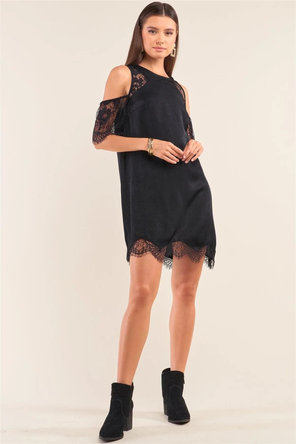 Black Cold Shoulder Lace Trim Back Button Up Mini Dress - Tasha Apparel Wholesale