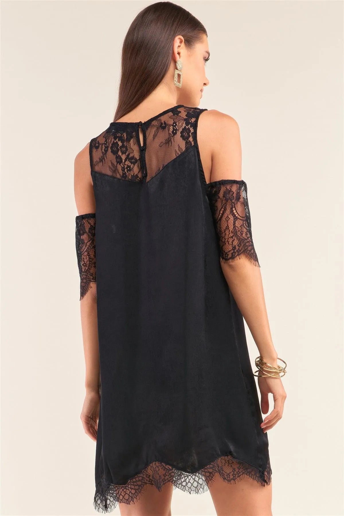 Black Cold Shoulder Lace Trim Back Button Up Mini Dress - Tasha Apparel Wholesale
