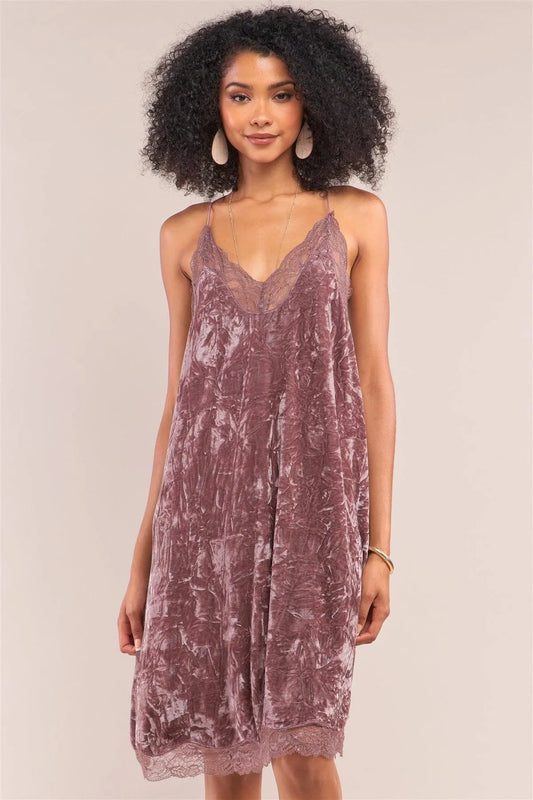 Dusty Lavender Crushed Velvet Vintage Sleeveless Lace Mesh V-Neck Razor Back Slip Dress /1-2-2-1 - Tasha Apparel Wholesale