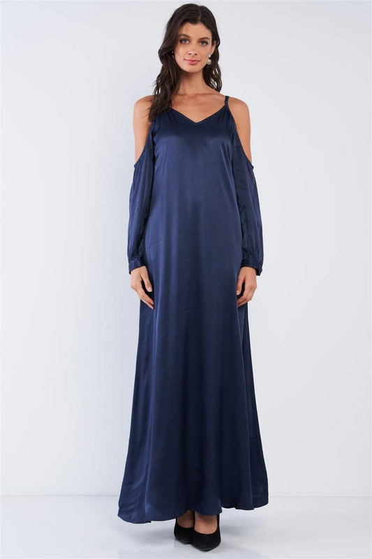 Deep Navy Blue Chic Satin Silk Relaxed Fit V-Neck Off-The-Shoulder Long Sleeve Maxi Dress /1-2-2-1 - Tasha Apparel Wholesale