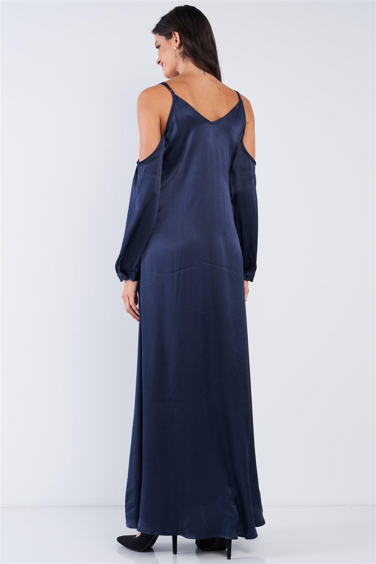 Deep Navy Blue Chic Satin Silk Relaxed Fit V-Neck Off-The-Shoulder Long Sleeve Maxi Dress /1-2-2-1