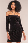 Dark Brown Velvet Off-The-Shoulder Midi Sleeve Scallop Hem Mini Dress /2-2-1 - Tasha Apparel Wholesale