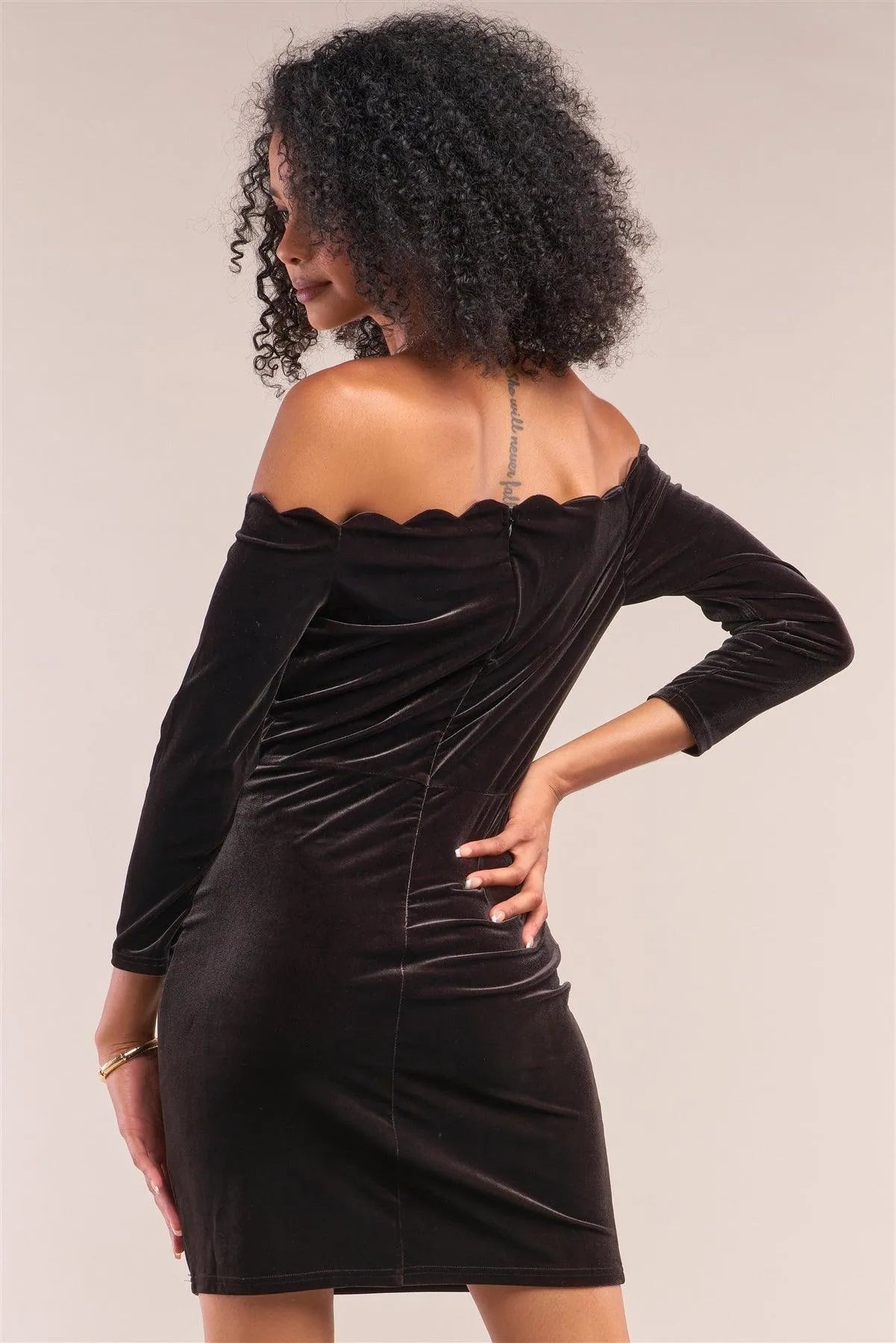 Dark Brown Velvet Off-The-Shoulder Midi Sleeve Scallop Hem Mini Dress /2-2-1 - Tasha Apparel Wholesale