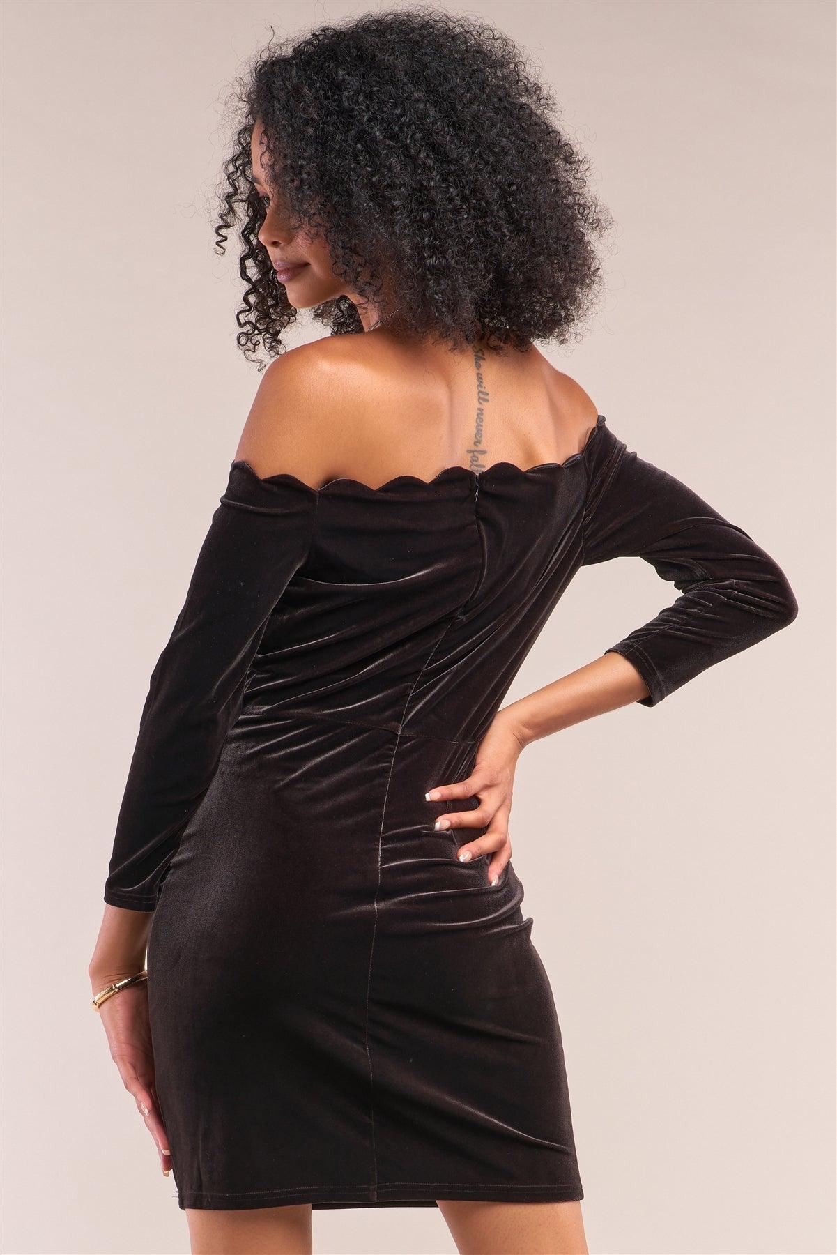 Dark Brown Velvet Off-The-Shoulder Midi Sleeve Scallop Hem Mini Dress /1-2-2-1