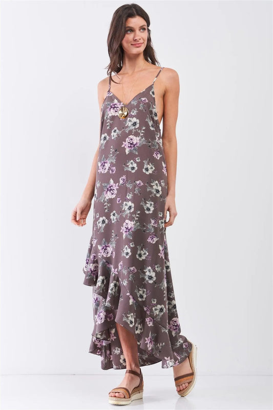 Grey Multi Floral Print Sleeveless V-Neck Asymmetrical Wrap Ruffle Trim Maxi Dress /1-2-2-1 - Tasha Apparel Wholesale