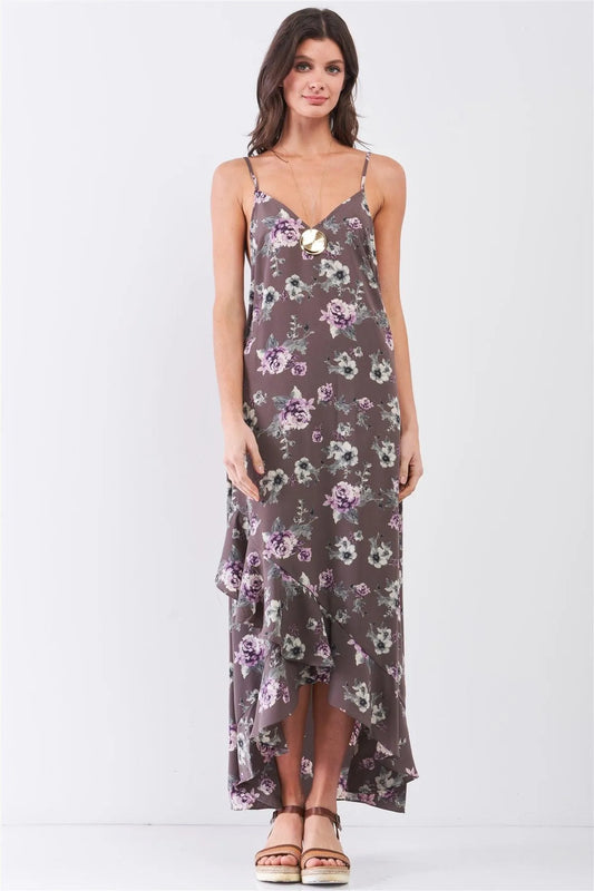 Grey Multi Floral Print Sleeveless V-Neck Asymmetrical Wrap Ruffle Trim Maxi Dress /2-2-1-1 - Tasha Apparel Wholesale