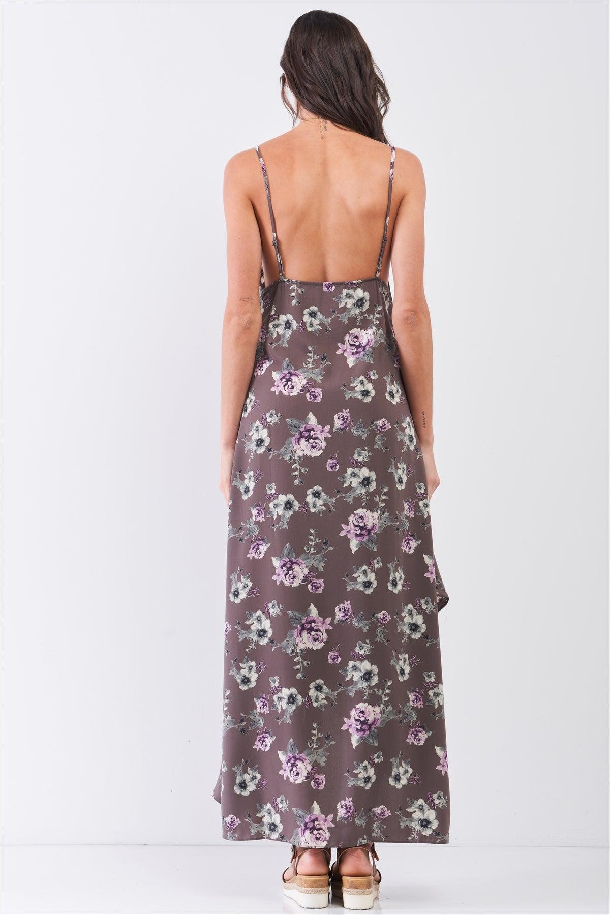 Grey Multi Floral Print Sleeveless V-Neck Asymmetrical Wrap Ruffle Trim Maxi Dress /2-2-1-1