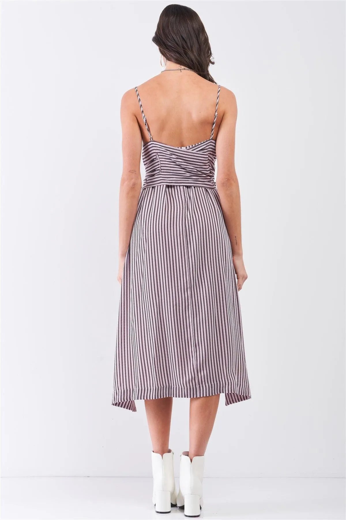 White Red Striped Sleeveless Square Neck Long Self-Tie Waist Detail Maxi Dress - Tasha Apparel Wholesale