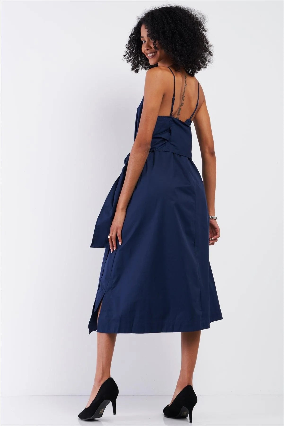 Navy Sleeveless Square Neck Self-Tie Detail Midi Dress /1-2-2-1 - Tasha Apparel Wholesale