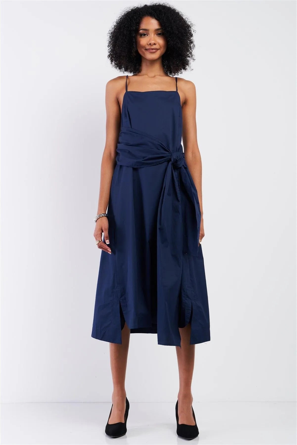 Navy Sleeveless Square Neck Self-Tie Detail Midi Dress /1-2-2-1 - Tasha Apparel Wholesale