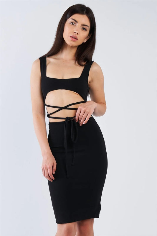 Black Sexy Midi Exposed Chest Tie Dress /3-2-1 - Tasha Apparel Wholesale