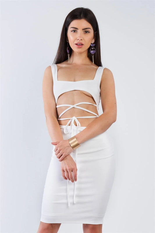Off White Sexy Midi Exposed Chest Tie Dress /3-2-1 - Tasha Apparel Wholesale