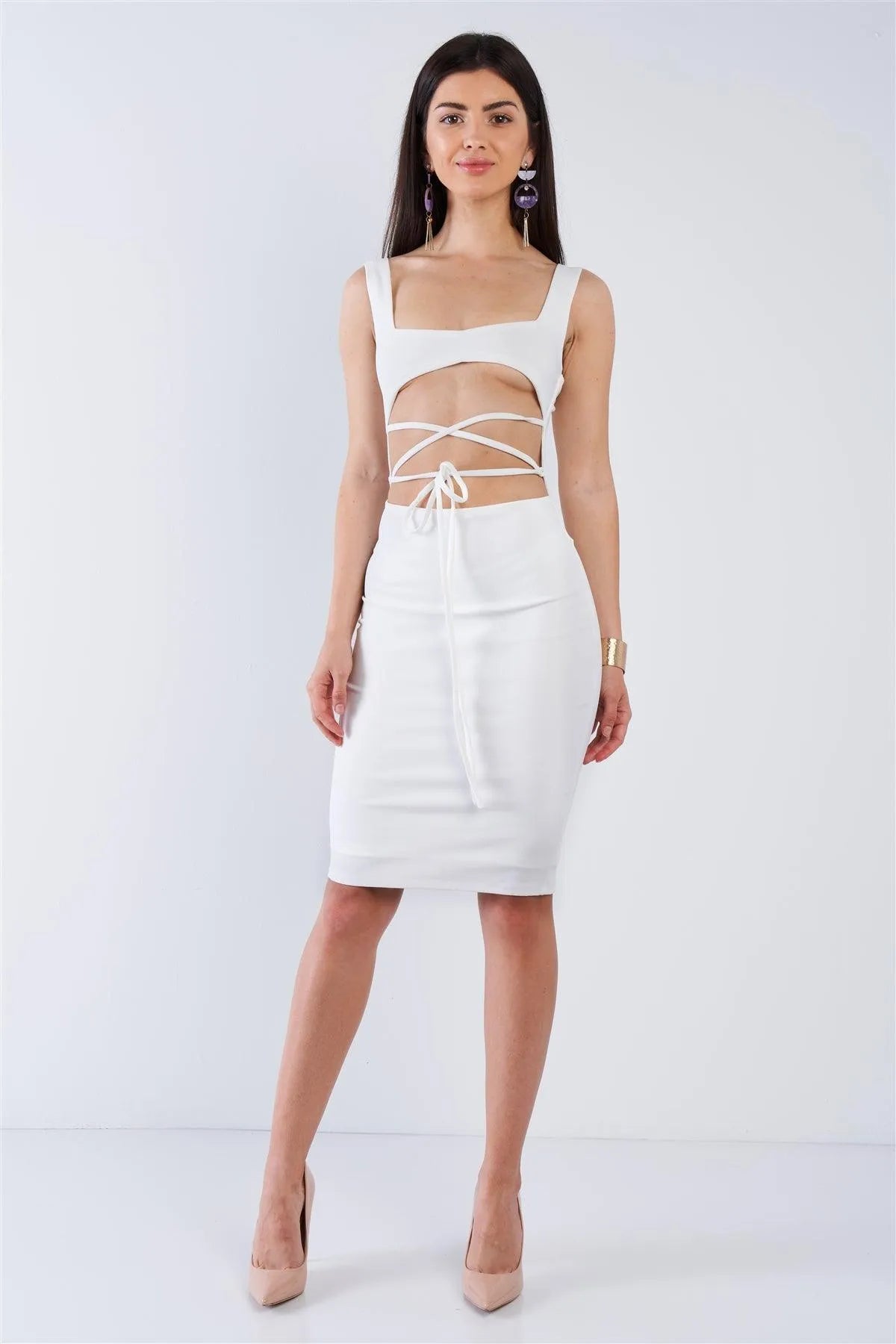 Off White Sexy Midi Exposed Chest Tie Dress /3-2-1 - Tasha Apparel Wholesale