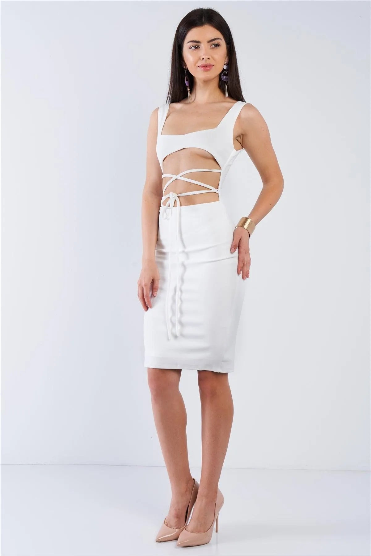 knee length dresses for ladies Salena Pearl Detail Bodycon Midi Dress | White | Graduation