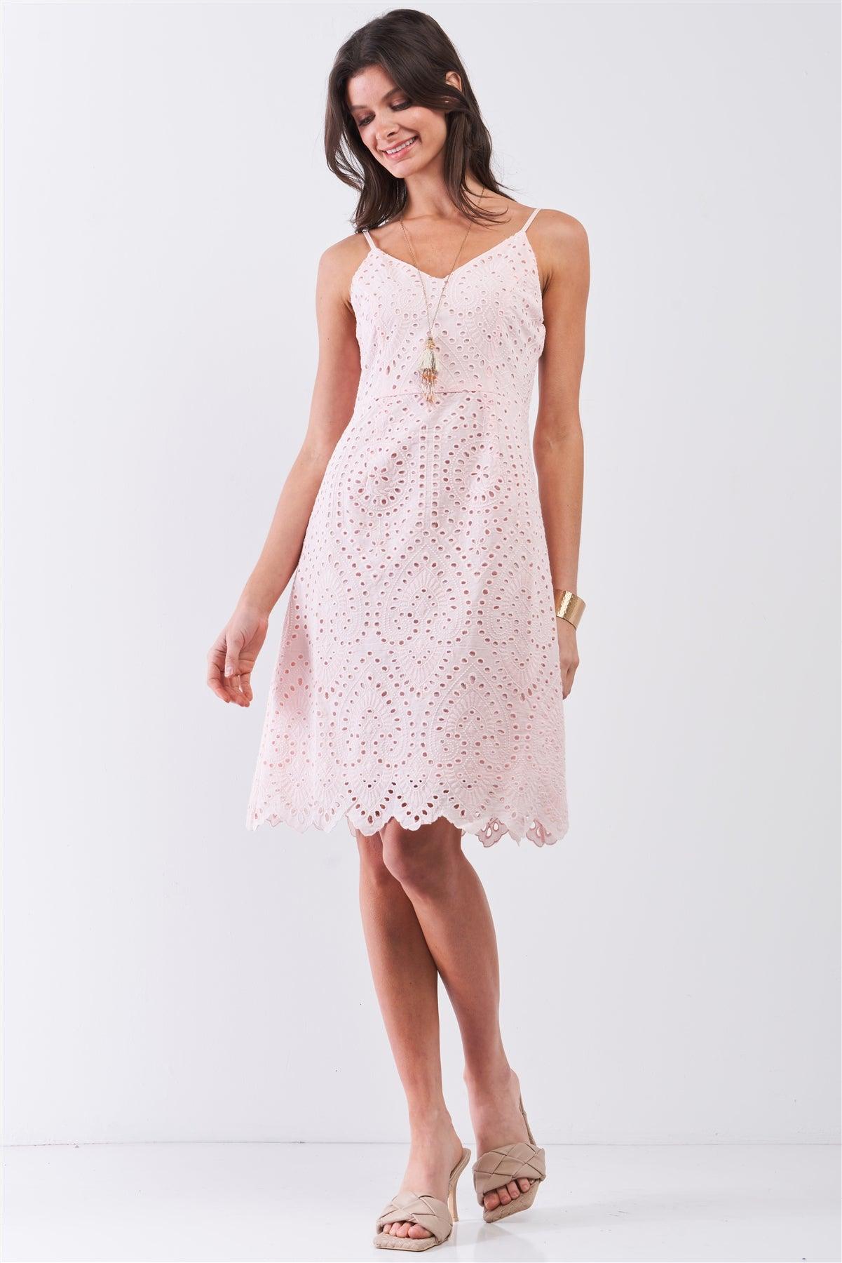 Light Pink Crochet Sleeveless Bow Detail Shoulder Strap Mini Dress /1-2-2-1