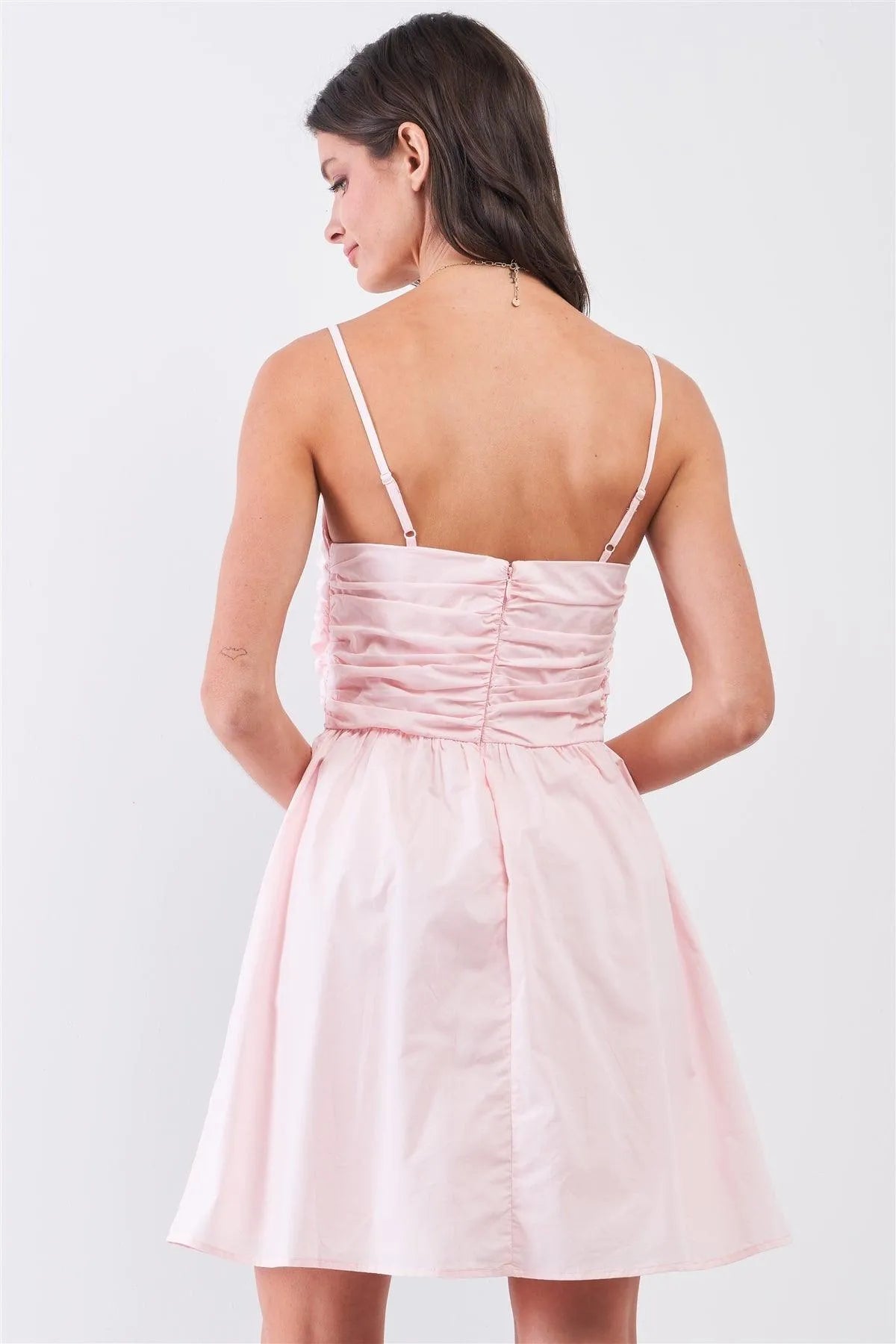 Baby Pink Sleeveless Sweetheart Neck Gathered Top Detail Mini Dress /4-2 - Tasha Apparel Wholesale