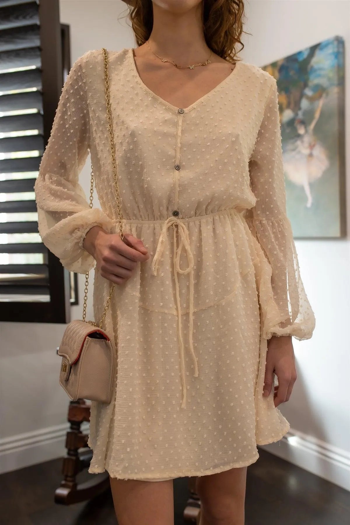 Cream Textured Dot Mesh Button Up Tie Waist Mini Dress /2-2 - Tasha Apparel Wholesale