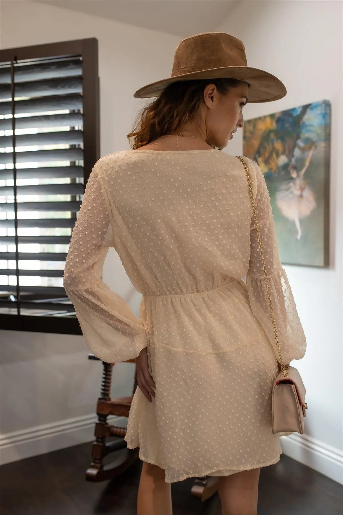 Cream Textured Dot Mesh Button Up Tie Waist Mini Dress /2-2 - Tasha Apparel Wholesale