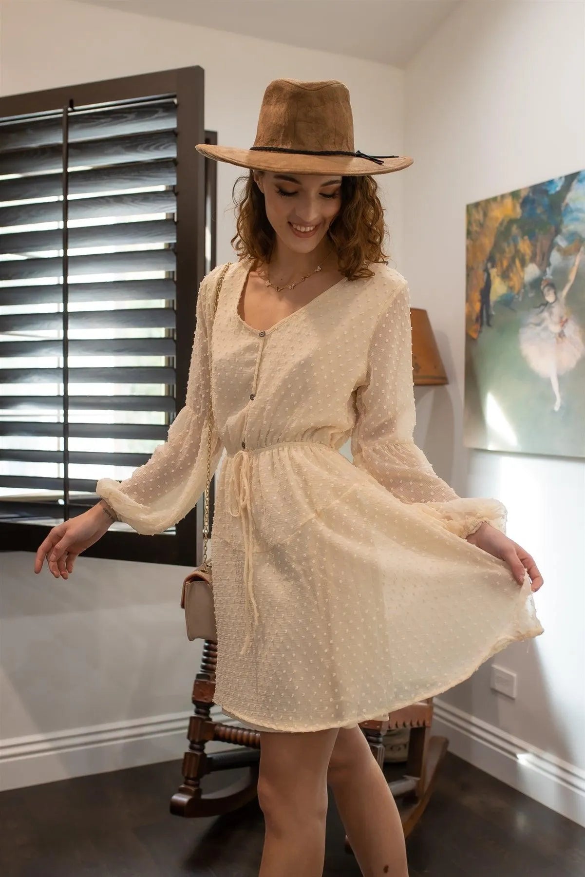 Cream Textured Dot Mesh Button Up Tie Waist Mini Dress /2-2-2 - Tasha Apparel Wholesale